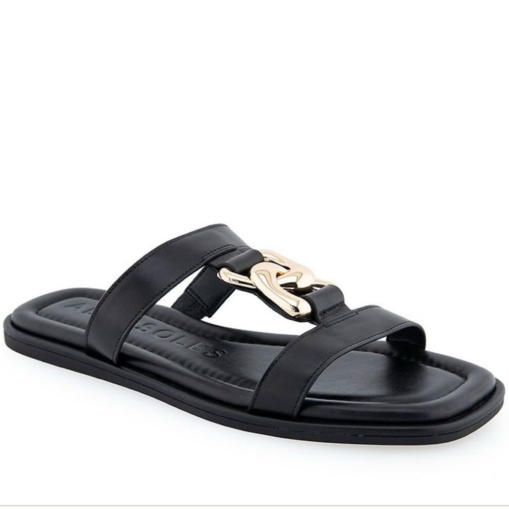 New Aerosoles Boston Black Slide Sandals with Gold Accent
